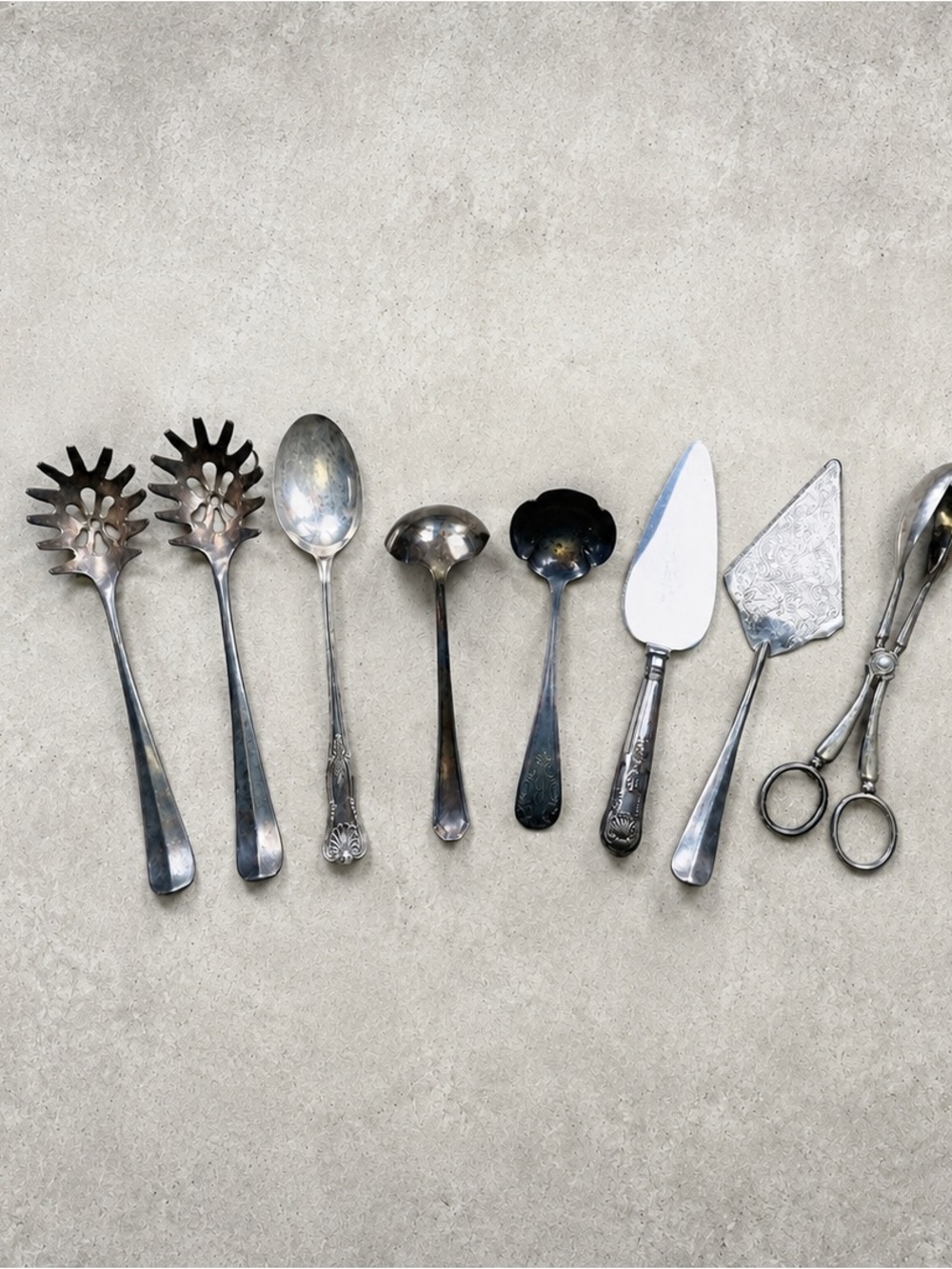 Vintage Silverplate Serving Utensil Lot Pasta Tongs Ladles Cake Server 8 Pieces